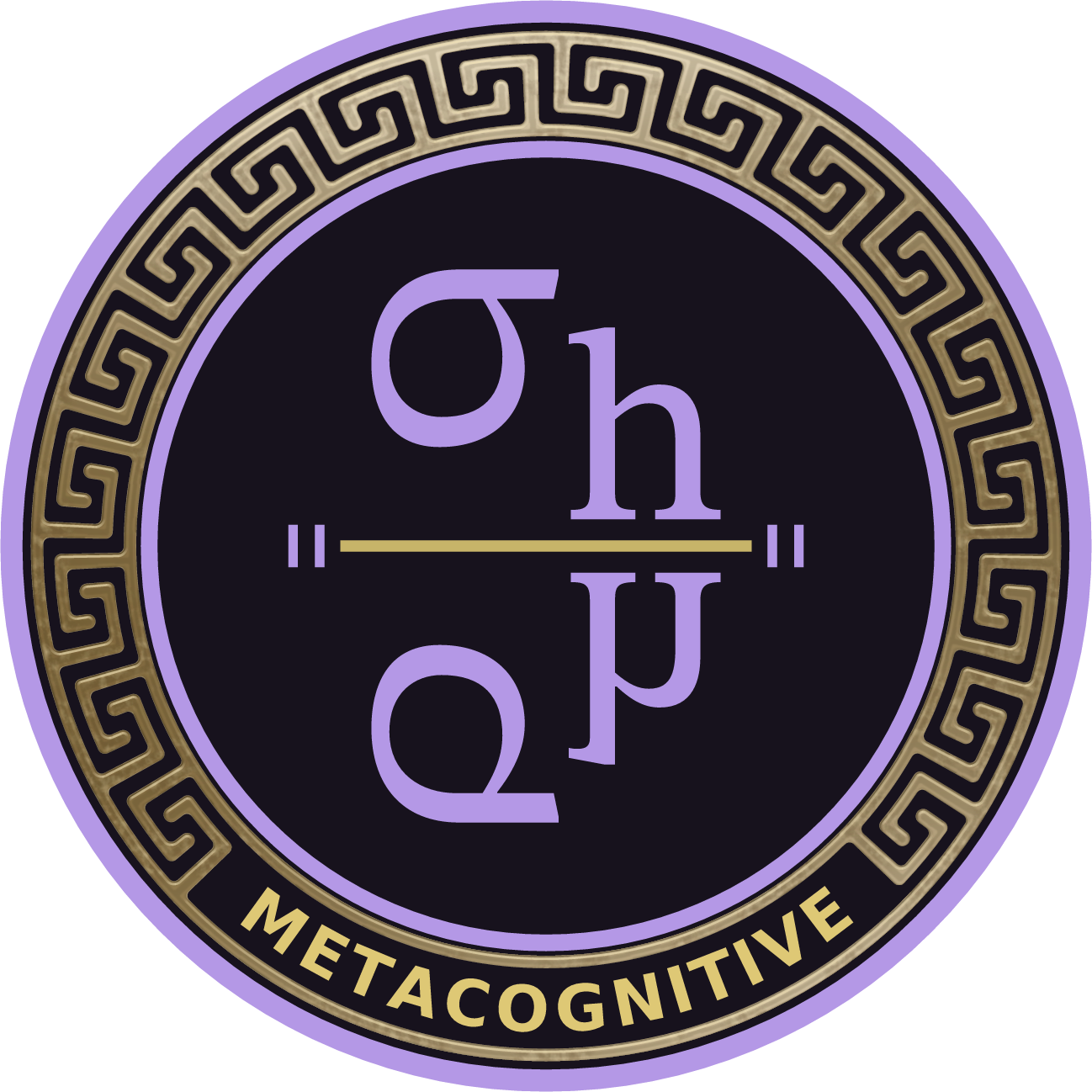 The Tetrasemaphore METACOGNITIVE semaphore: the σₕ mark built to survive a top-to-bottom flip, horizontal gold mirror line, gold Greek-key meander, lavender rim.