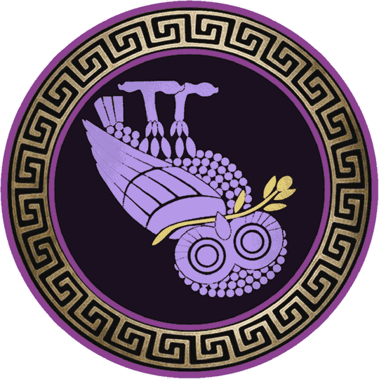 Metacognitive owl of Athena: lavender owl, gold Greek-key meander, purple rim, olive sprig.